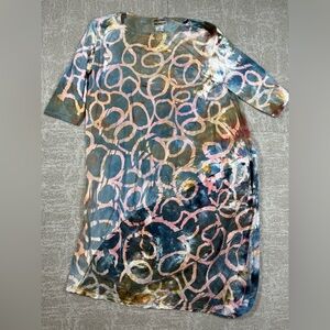 Heyne Bogut Slouch T Dress Womens Sz 2 Boho Silk Midi Short Sleeve Tie Dye Blue